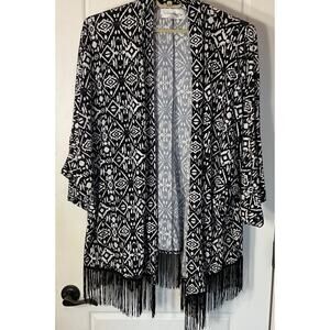 French Laundry Open Front Black & White 3/4 Batwing Sleeve Fringed Cardigan 2X